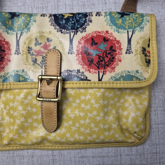 Fossil Key-Per Vintage Crossbody Bag Coated Canvas Tree Bird Nature Print Y2K - Picture 7 of 13